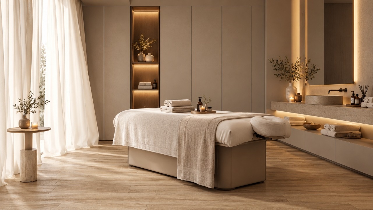 Уютный SPA-кабинет с массажным столом, натуральными материалами и кварц-виниловой плиткой под светлый дуб